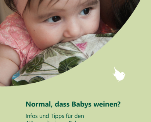 Broschürencover Baby schaut über Schulter der Mutter